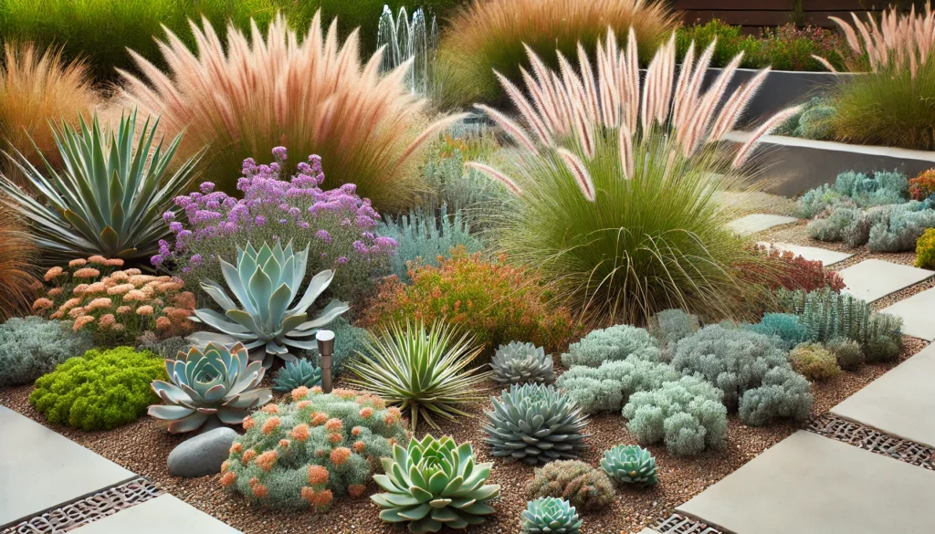 Succulents and ornamental grasses thriving in a drought-tolerant landscape.