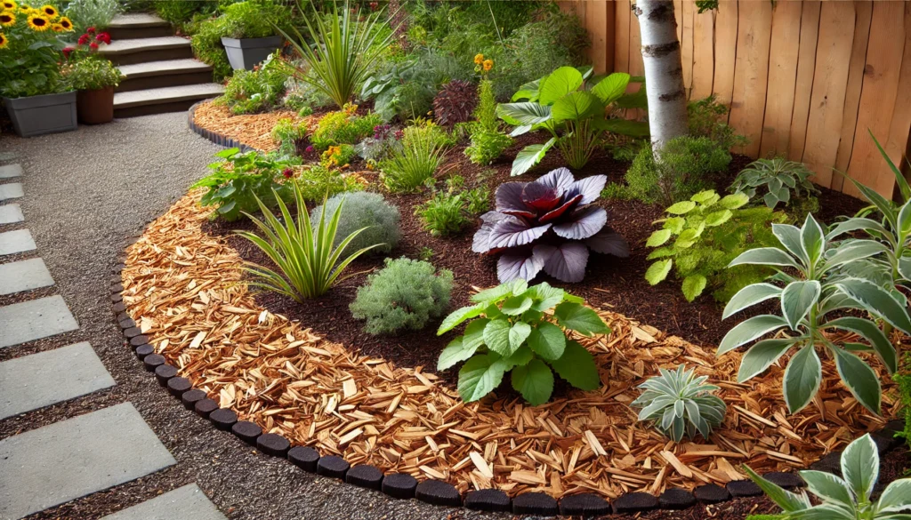 A garden with wood chip mulch helping conserve moisture and prevent weed growth.