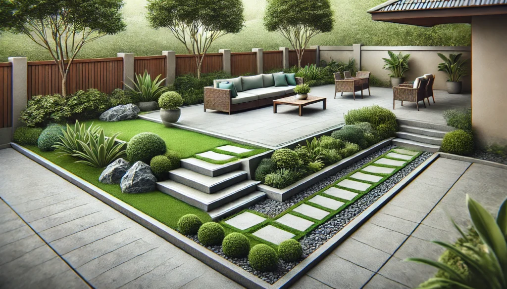 A beautifully designed patio and stone walkway in a low-maintenance garden