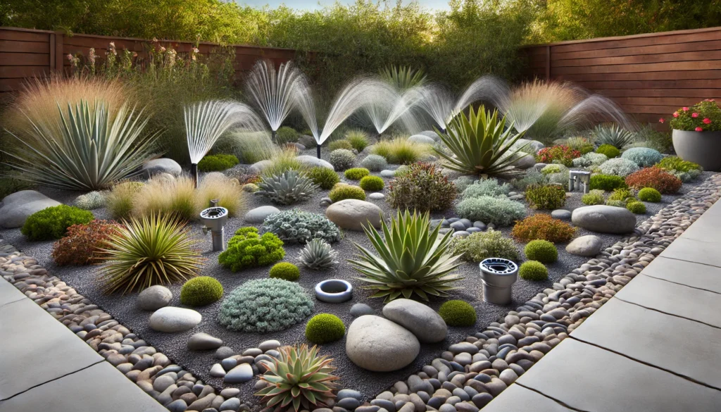 A xeriscaped garden with drought-tolerant plants, rocks, and efficient irrigation systems.