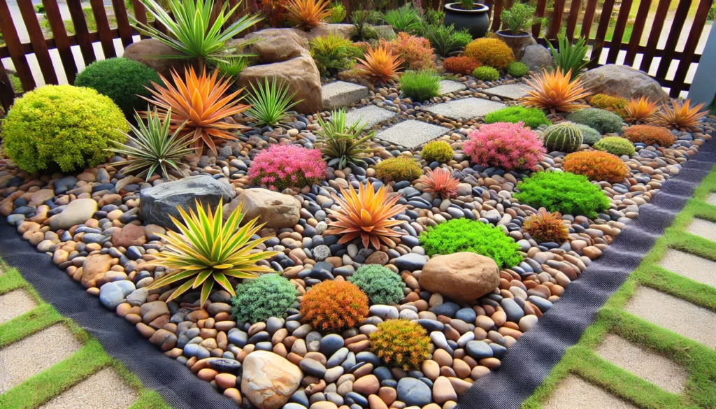 A beautiful rock garden featuring various rock sizes and colors, with drought-tolerant plants and landscape fabric to prevent weed growth.