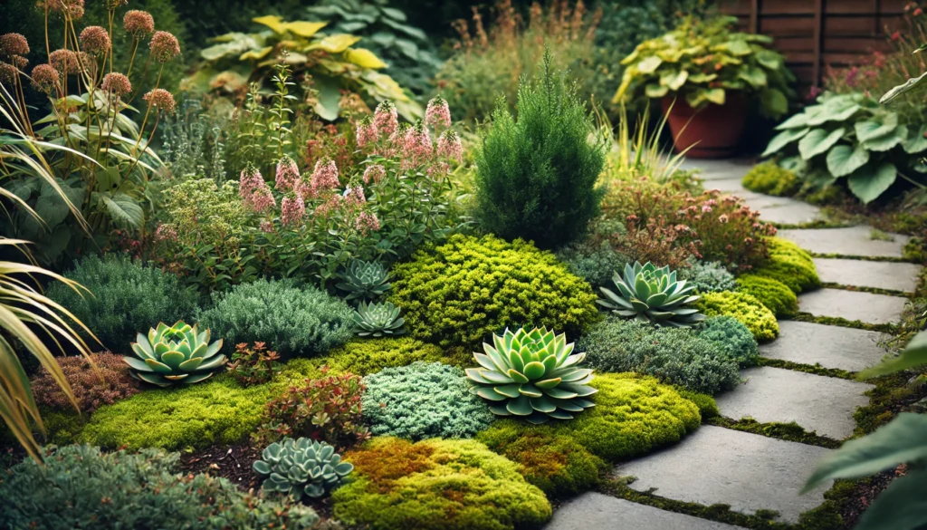 A low-maintenance garden with ground covers like creeping thyme, sedum, creeping juniper, and moss spreading across the ground.