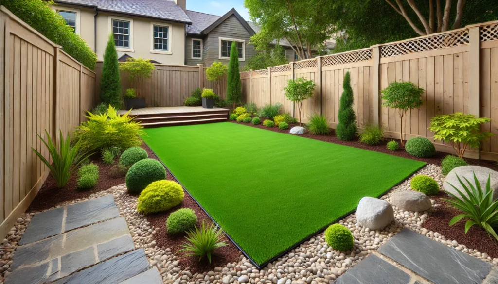 A low-maintenance backyard featuring artificial turf, offering a vibrant green lawn without the need for watering, mowing, or fertilizers.