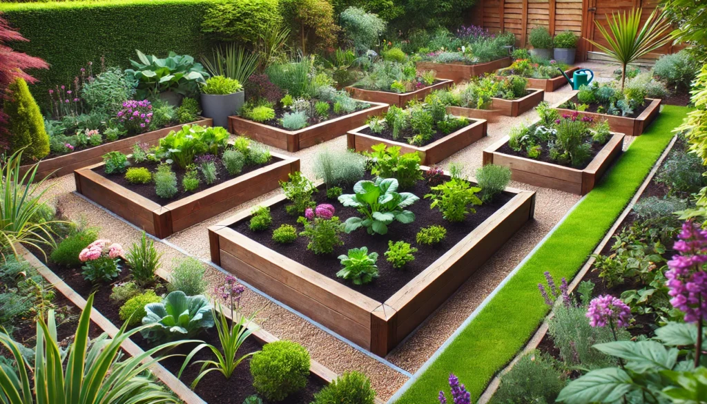 A garden featuring raised beds for low-maintenance landscaping, providing better soil control, improved drainage, and reduced weed growth.