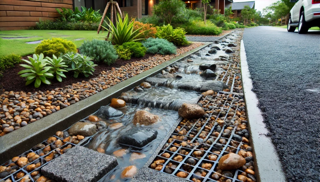 A permeable paving system showing water running through gravel or other paving materials, reducing runoff and puddles.