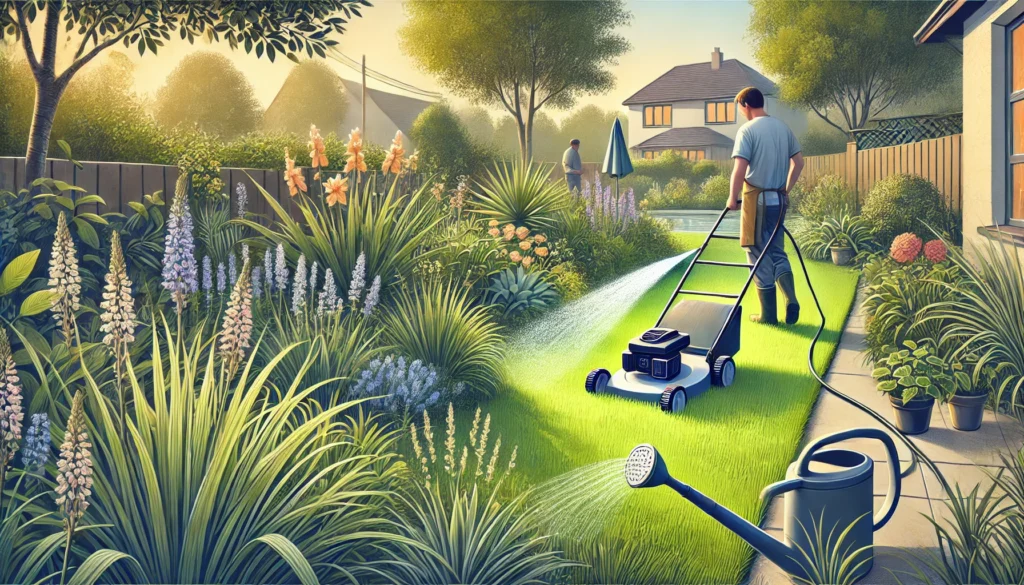 A summer garden scene where a gardener is watering deeply, mowing native grass lawns higher, removing weeds, and checking irrigation systems