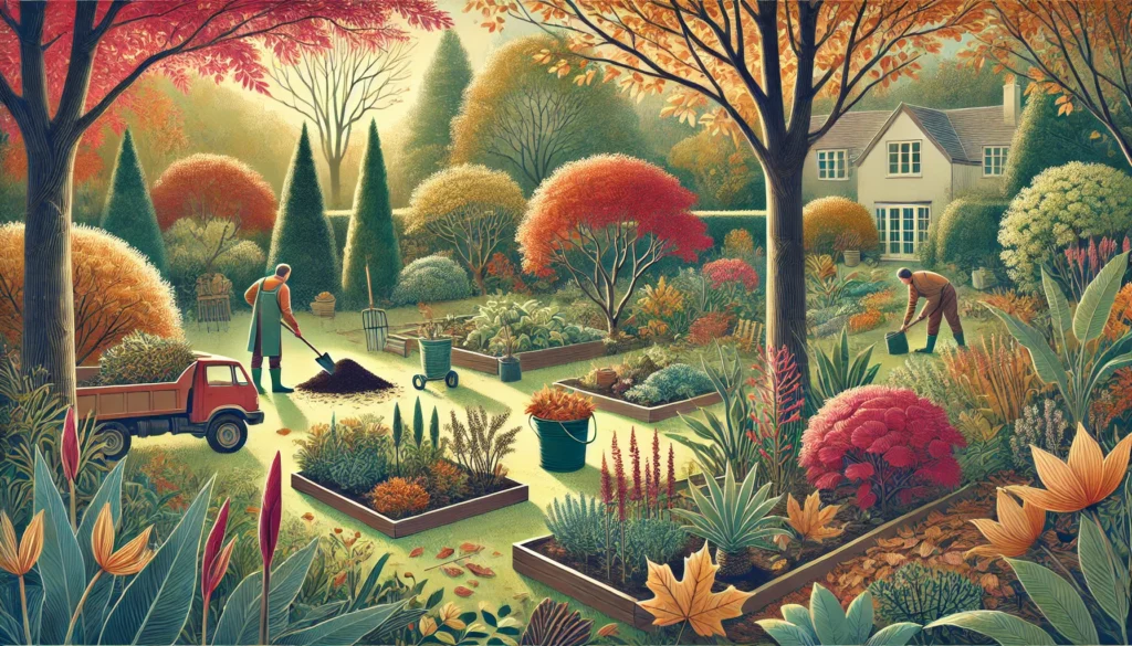 A fall garden scene with a gardener planting trees and shrubs, collecting leaves for compost, cutting back perennials, and preparing garden beds for winter