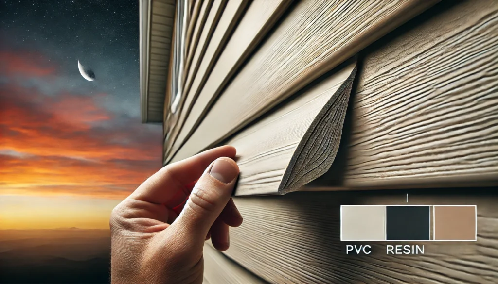 A close-up of vinyl siding installed on the exterior of a home, highlighting the texture, color variations, and material composition (PVC resin).