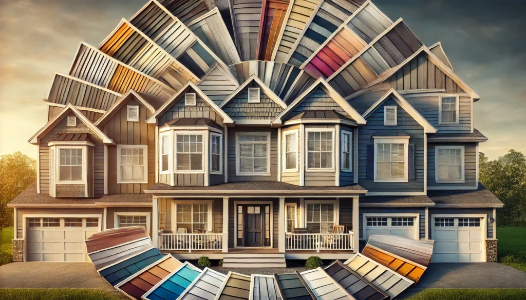 A variety of vinyl siding colors and styles displayed on a home exterior.