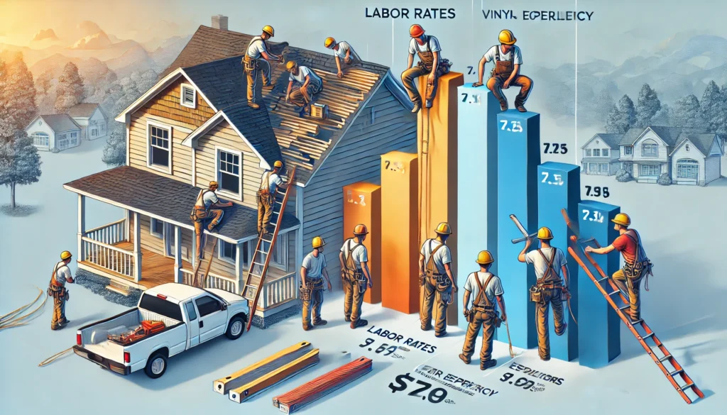 A visual representation of labor costs associated with vinyl siding installation, showing workers at different stages.