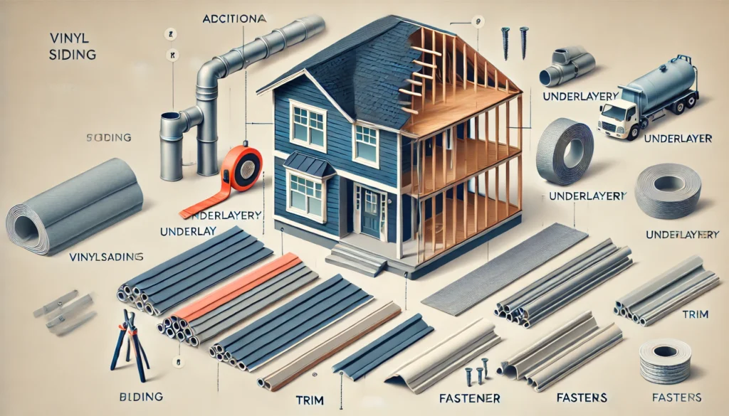 A visual representation of additional materials required for vinyl siding installation, such as piping, underlayment, trim, and fasteners.