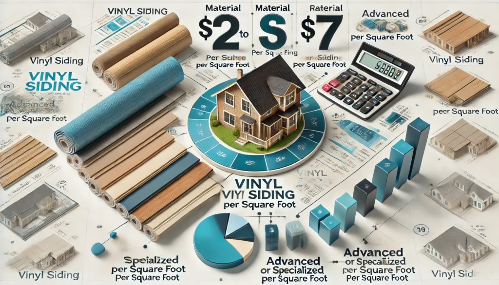 A visual showing the material costs of vinyl siding, with price ranges from $2 to $7 per square foot and advanced siding types costing up to $12 per square foot.