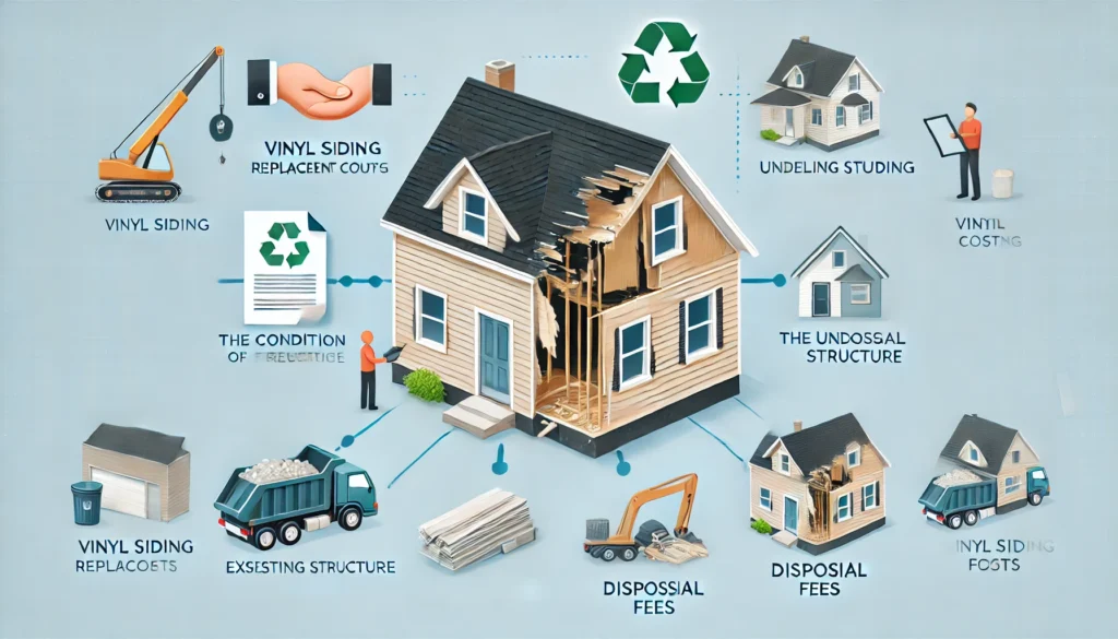 A visual representation showing factors such as the condition of existing siding, the underlying structure, and disposal fees during vinyl siding replacement.