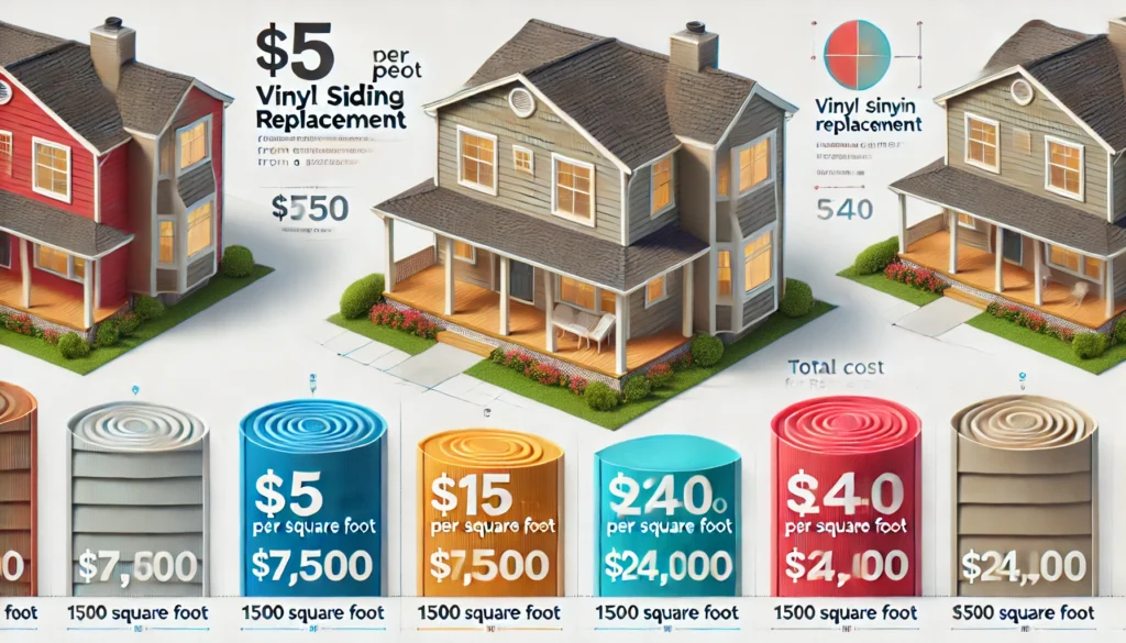 A visual breakdown showing the average costs for vinyl siding replacement, ranging from $7,500 to $24,000 for a 1,500-square-foot home.
