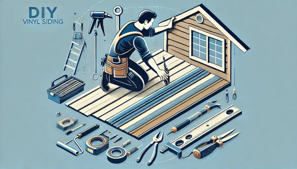 A visual representation of a person working on installing vinyl siding with tools and materials laid out, emphasizing the need for time, skill, and the necessary tools.