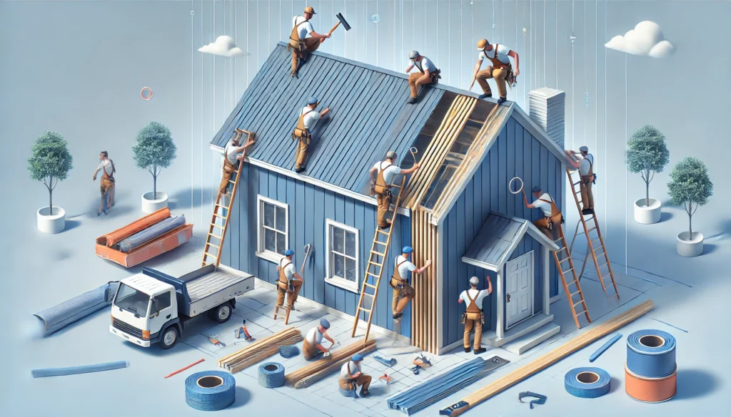 A visual representation of professional vinyl siding installation, showing a team of experts working with precision and using professional tools for high-quality work.