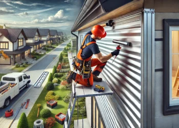 aluminum siding being installed on a house. This image will capture the essence of home improvement and the value of aluminum siding
