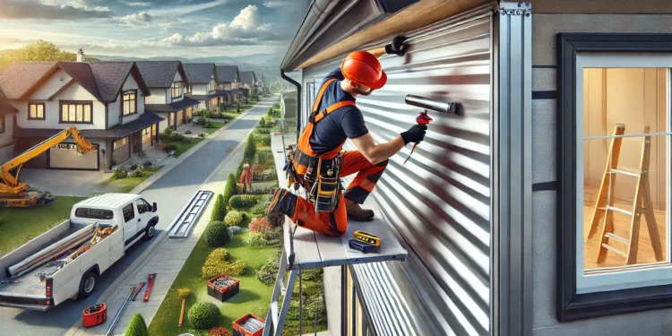 aluminum siding being installed on a house. This image will capture the essence of home improvement and the value of aluminum siding