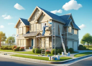 A professional painter applying a fresh coat of paint to a well-maintained suburban house with scaffolding and ladders. The scene shows a bright, vibrant house painting project under a clear blue sky