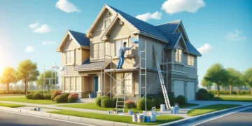 A professional painter applying a fresh coat of paint to a well-maintained suburban house with scaffolding and ladders. The scene shows a bright, vibrant house painting project under a clear blue sky