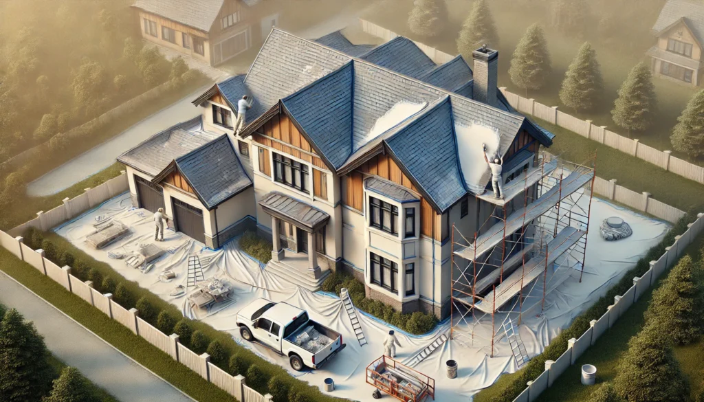 A professional painter working on the exterior of a large suburban house, highlighting the size and scope of a major painting project. Scaffolding and ladders are visible around the house