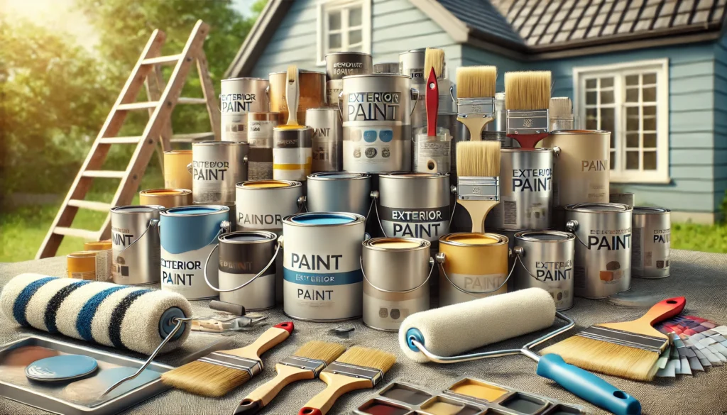 Various cans of high-quality exterior paint with labels showing different colors and finishes. Paintbrushes and rollers are also visible, highlighting the diversity in paint options for a house.