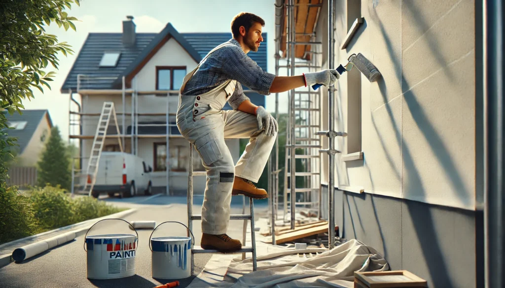 A professional painter applying paint to a house exterior, highlighting the labor-intensive process. The painter is using a ladder and scaffolding, showcasing the expertise and tools needed for the job