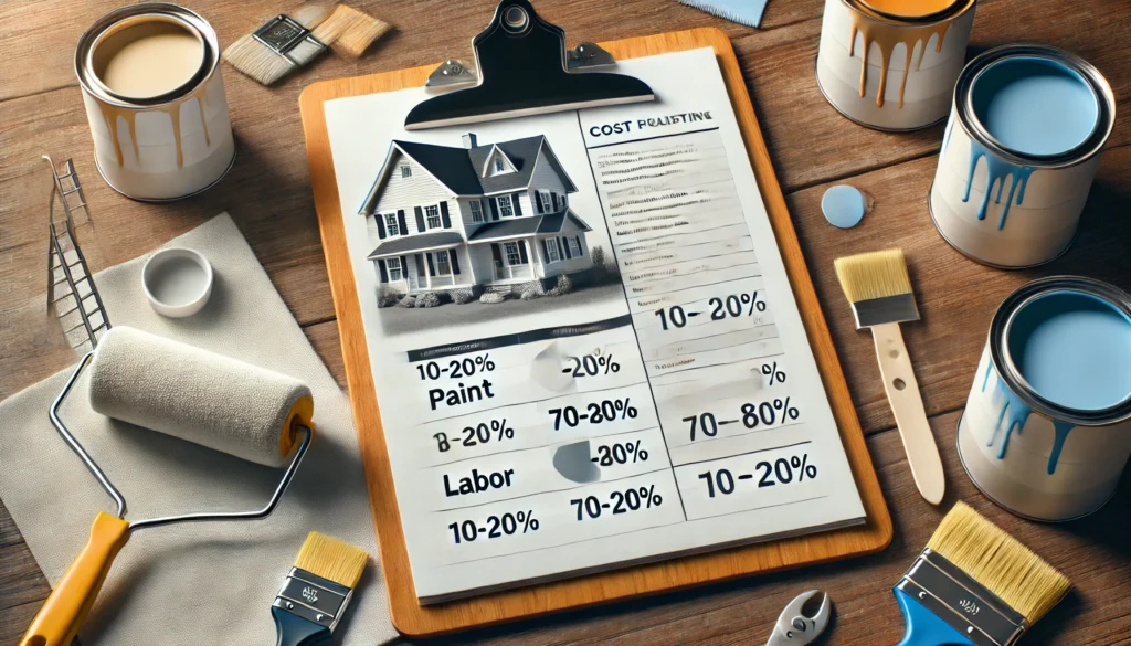 A clipboard displaying the cost breakdown for house painting, with percentages for paint (10-20%), labor (70-80%), and materials (10-20%). A freshly painted house and painting tools are in the background.