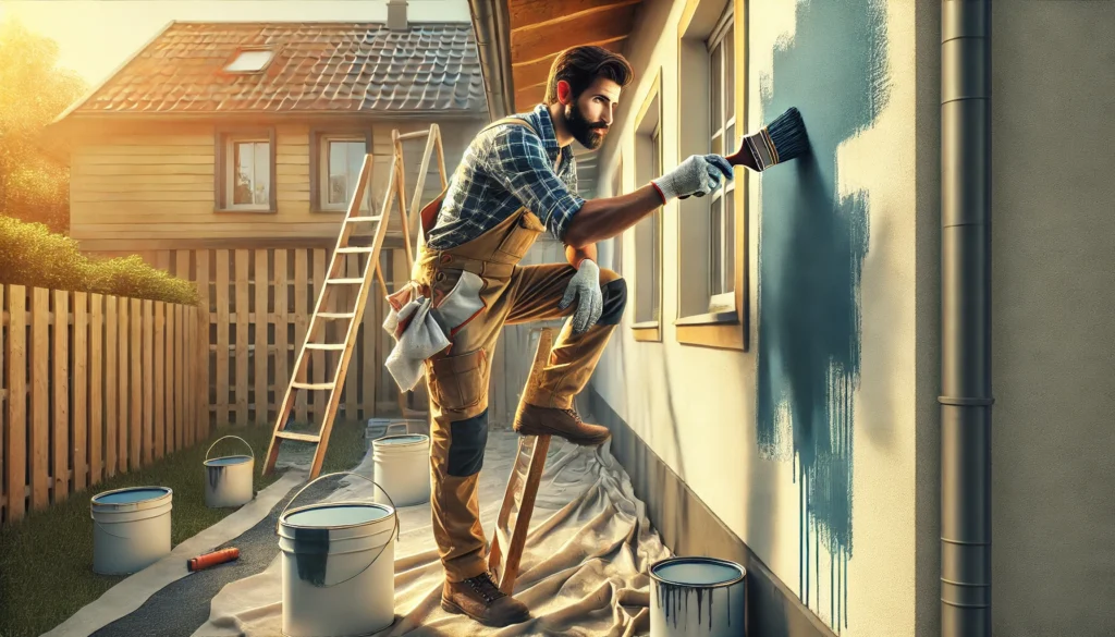An individual painting the exterior of a house by hand with a brush, emphasizing the effort and time involved in a DIY painting project. The image shows a partially painted wall, ladder, and paint cans