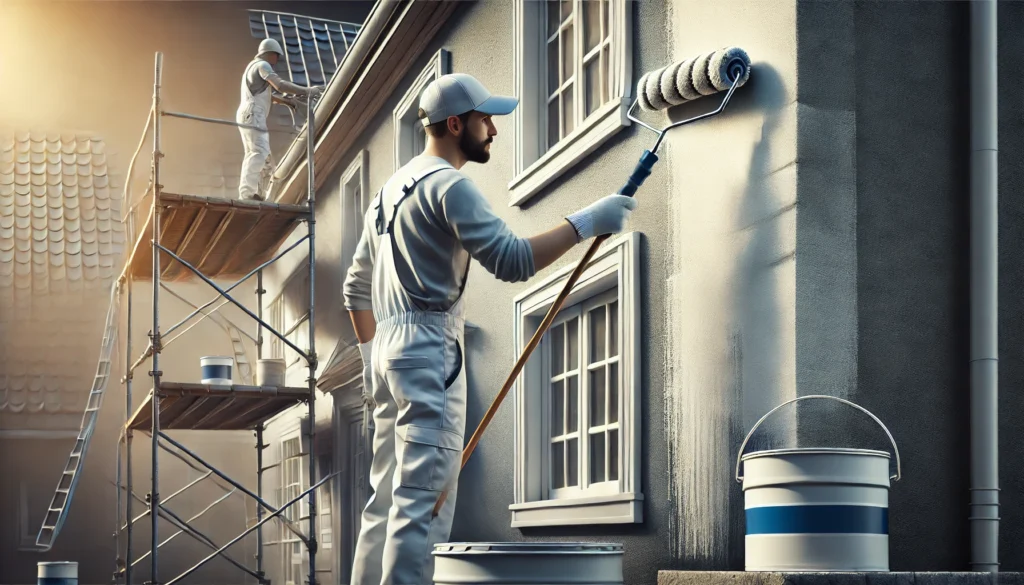 A professional painter applying paint to a house exterior with a roller. The image showcases the quality, speed, and skill of professional painting, with scaffolding and ladders in the background