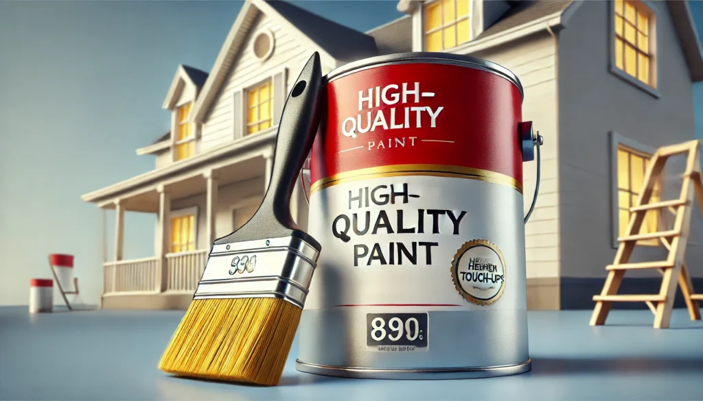 A close-up of a high-quality paint can and brush, with a freshly painted wall in the background, symbolizing the longevity and durability of premium paint