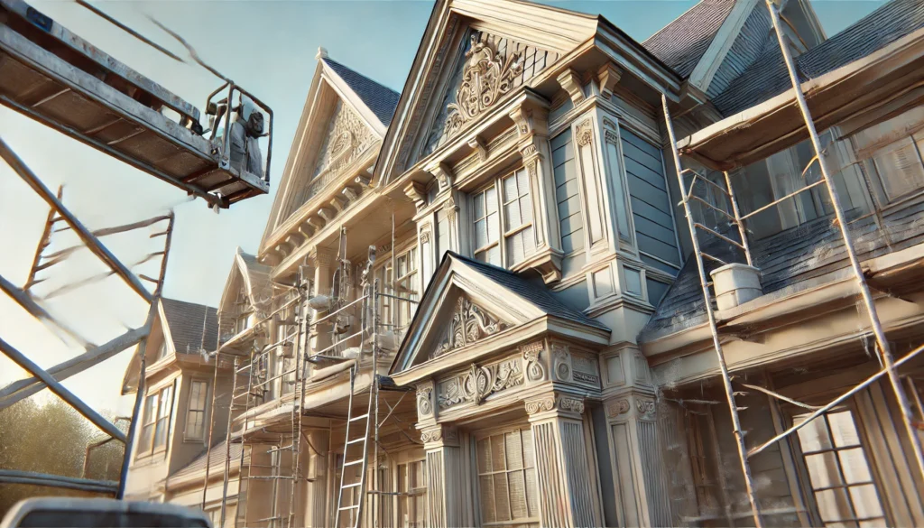 A house with decorative trim, shutters, and a multi-story design being painted, with scaffolding and ladders visible, emphasizing the extra work involved in painting these architectural elements