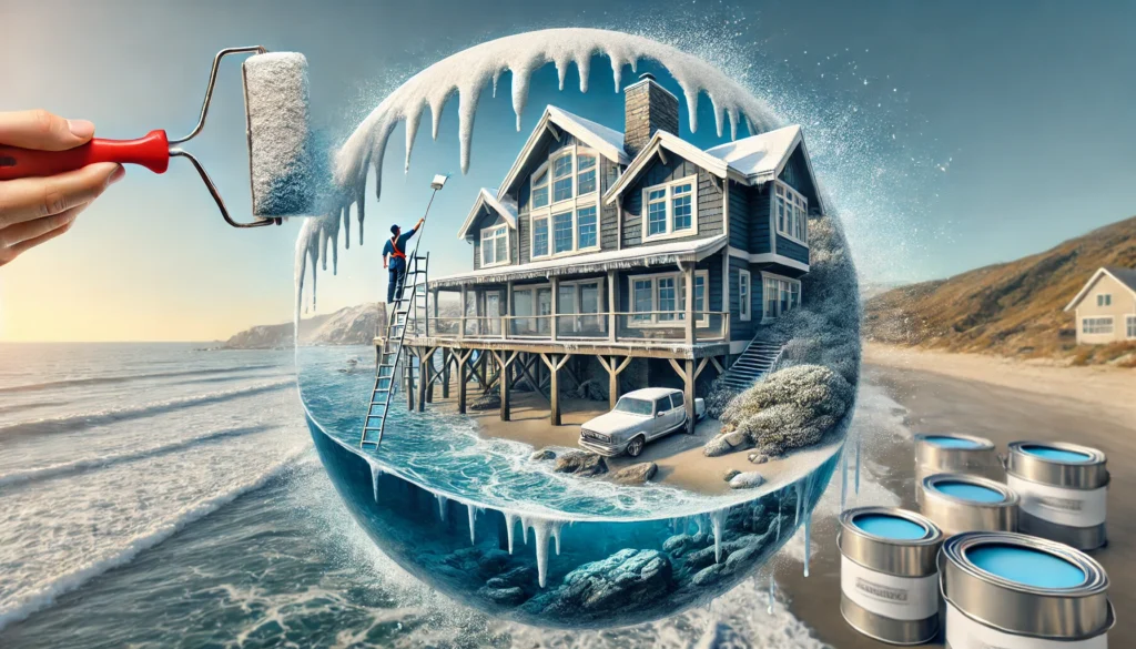 A coastal home being painted with durable, weather-resistant paint, with the ocean and salty air in the background. The scene highlights the need for special paints in coastal climates