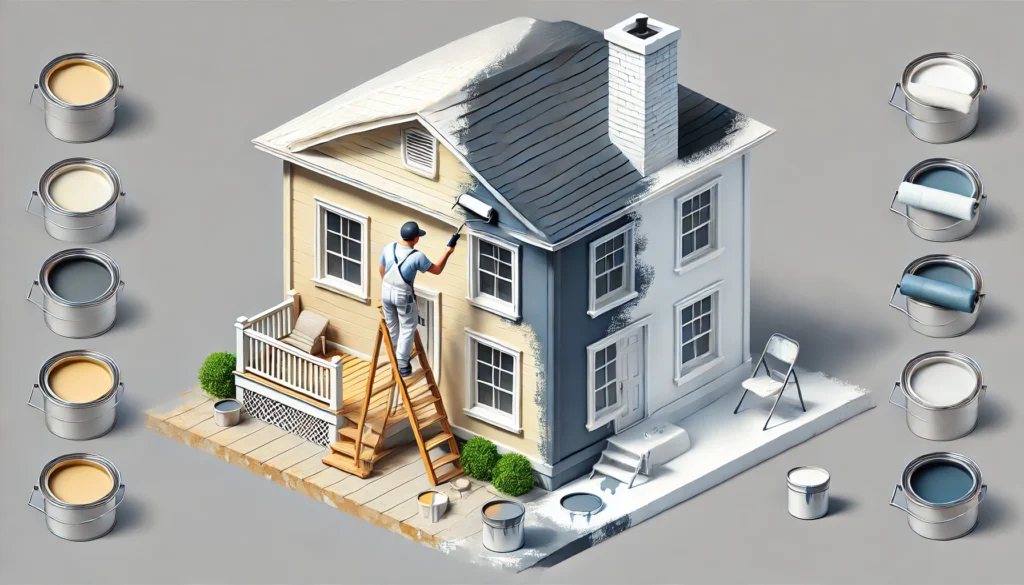 A professional painter applying multiple coats of lighter color paint on a house exterior, highlighting the process of using lighter colors and the extra coats needed for even coverage