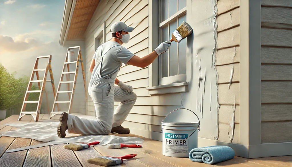 A professional painter cleaning and applying primer to a house exterior, preparing the surface for painting. The image highlights the importance of surface preparation for a smooth and durable paint job