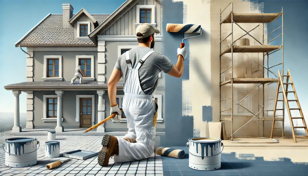 A professional painter applying the first coat of paint to a house exterior with a roller, showcasing the process of applying multiple layers for a smooth and professional finish