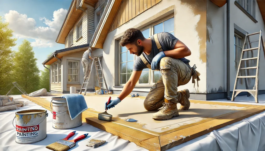 A painter adding finishing touches to a house exterior, cleaning up spills, and touching up edges for a neat and clean final result