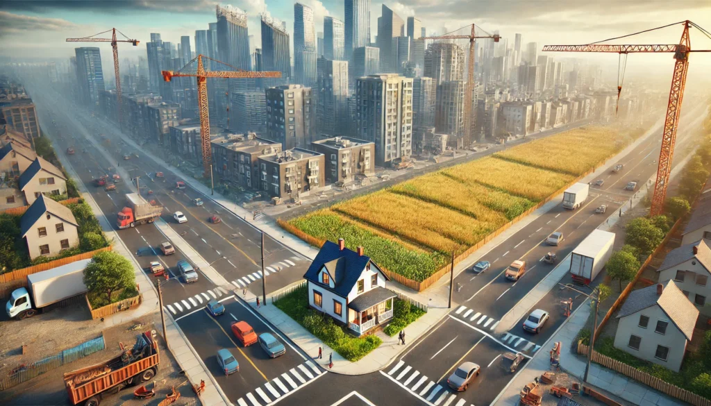 A comparison between a busy urban neighborhood and a peaceful rural area, showing how house painting costs differ due to labor and living expenses