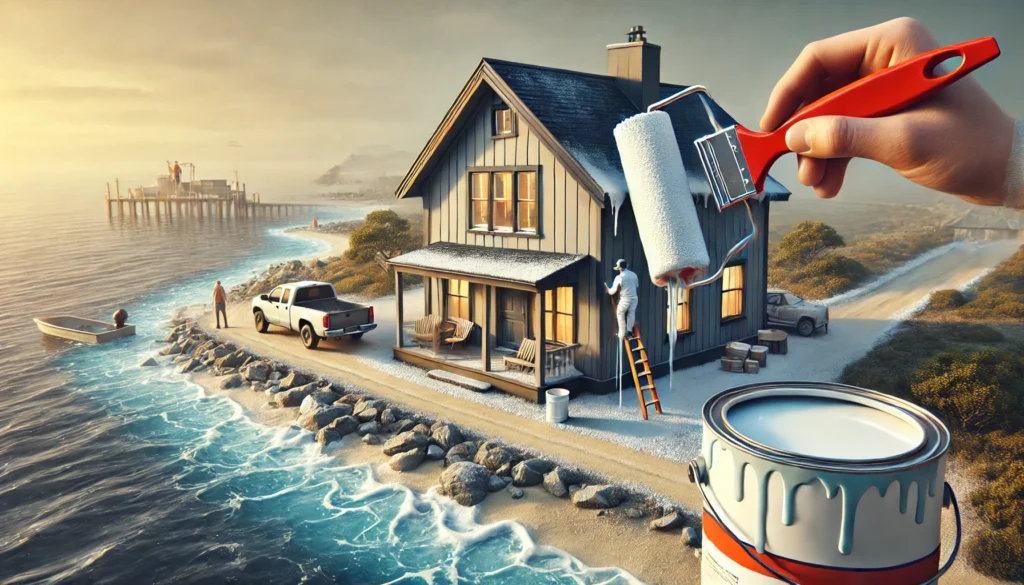 A coastal house being painted with weather-resistant paint, with the ocean and salty air in the background. The scene highlights the need for special paint in coastal regions due to harsh weather conditions