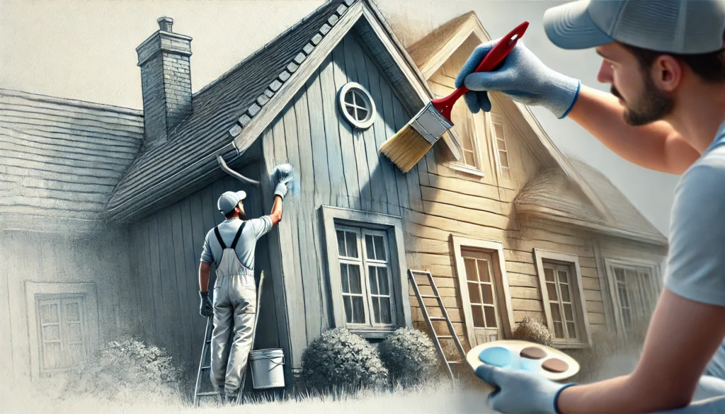 A professional painter applying a touch-up coat to the exterior of a house, highlighting the periodic maintenance required to keep the paint job looking fresh.