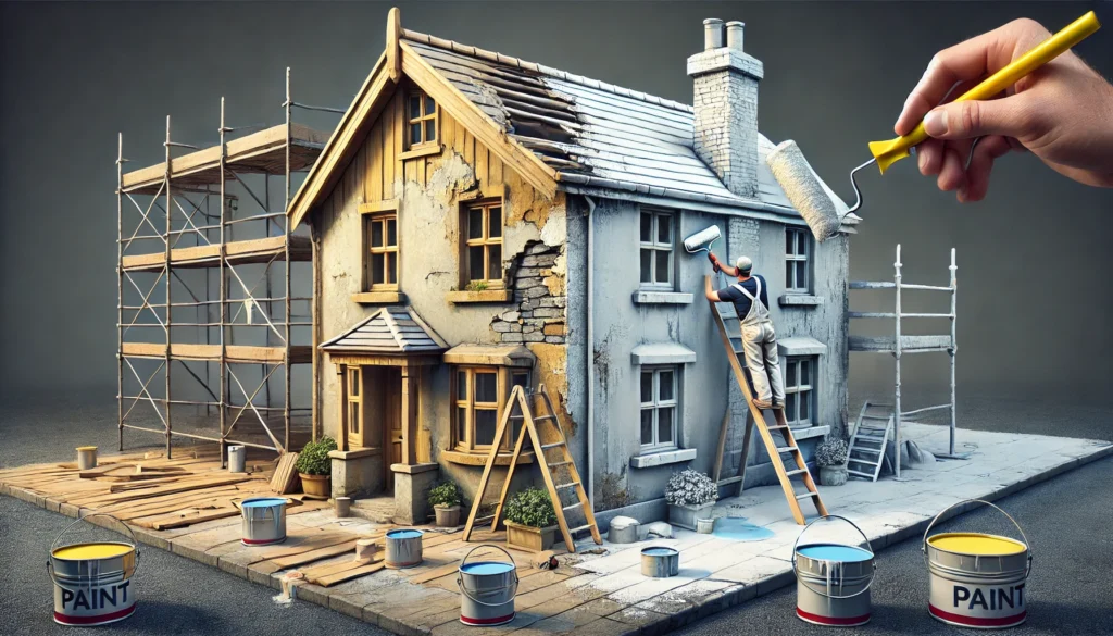 A painter applying a fresh coat of paint to a house with fading paint, highlighting the need for regular repainting to maintain the house's appearance over time.