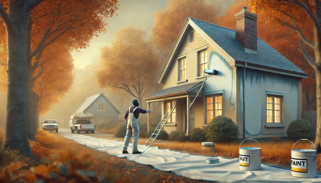 A painter working on a house exterior during late autumn or early spring, highlighting the cost-saving advantage of painting during off-peak seasons when contractors offer lower prices
