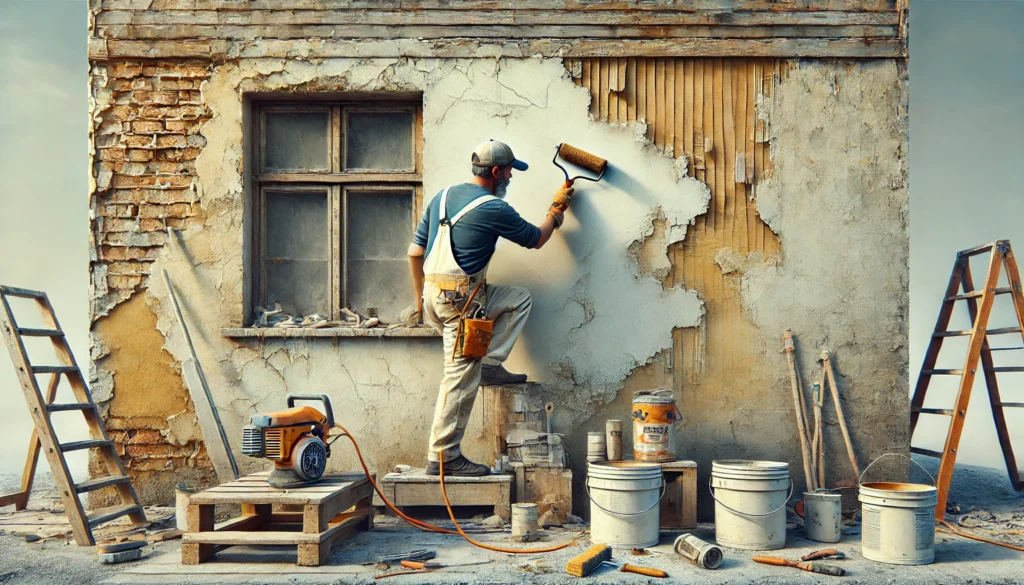 A painter scraping old paint and sanding the exterior of a house to prepare the surface for painting, with tools like sanders and scrapers visible in the background