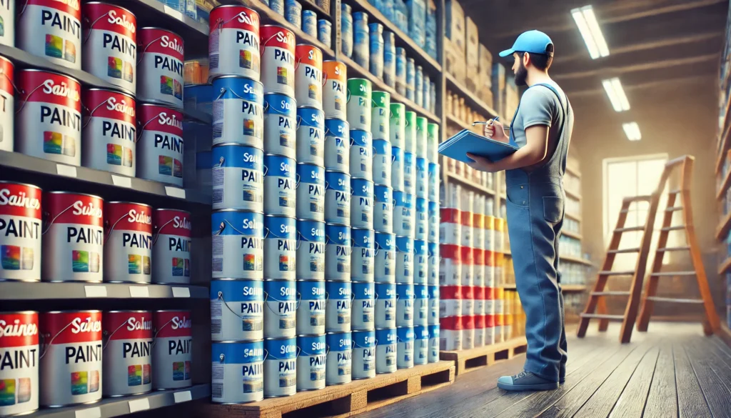 A painter inspecting large cans of paint on a store shelf, highlighting the savings from buying paint in bulk for a large painting project