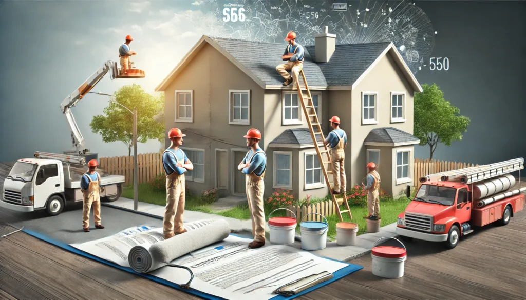 A contractor coordinating multiple home improvement projects, with a painter working on the house exterior. The scene highlights the benefit of combining projects to receive discounts
