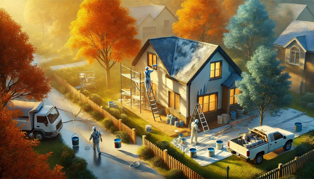 A painter working on a house exterior during off-peak season, with a peaceful neighborhood in the background. The scene highlights the cost-saving benefit of painting during slower periods when contractors charge lower prices.