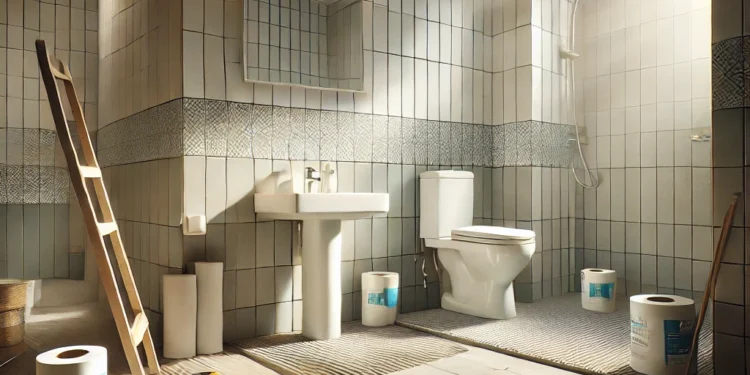 A budget-friendly bathroom renovation showing simple materials like vinyl flooring and basic ceramic tiles, illustrating a cost-effective bathroom remodel in progress.