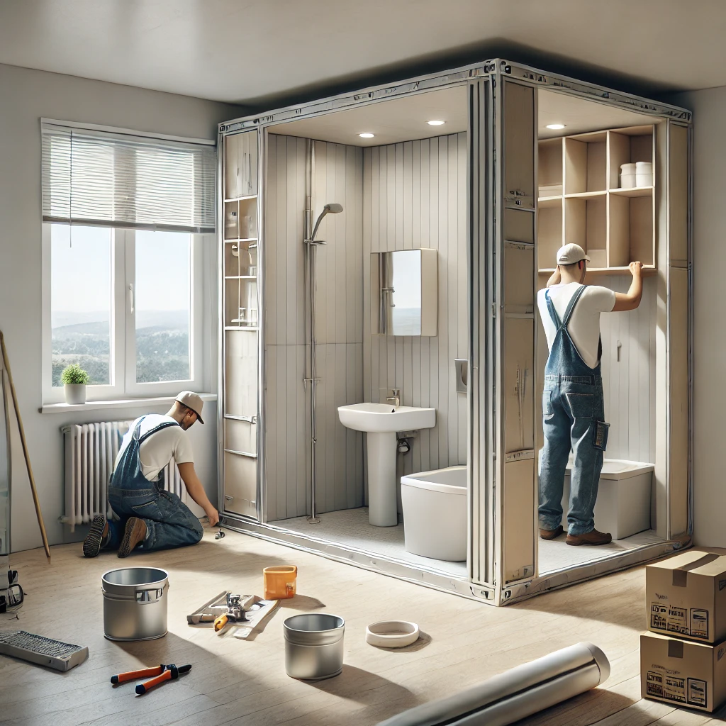 Workers installing a modular prefab bathroom unit in a home, featuring simple, modern design elements and budget-friendly fixtures.