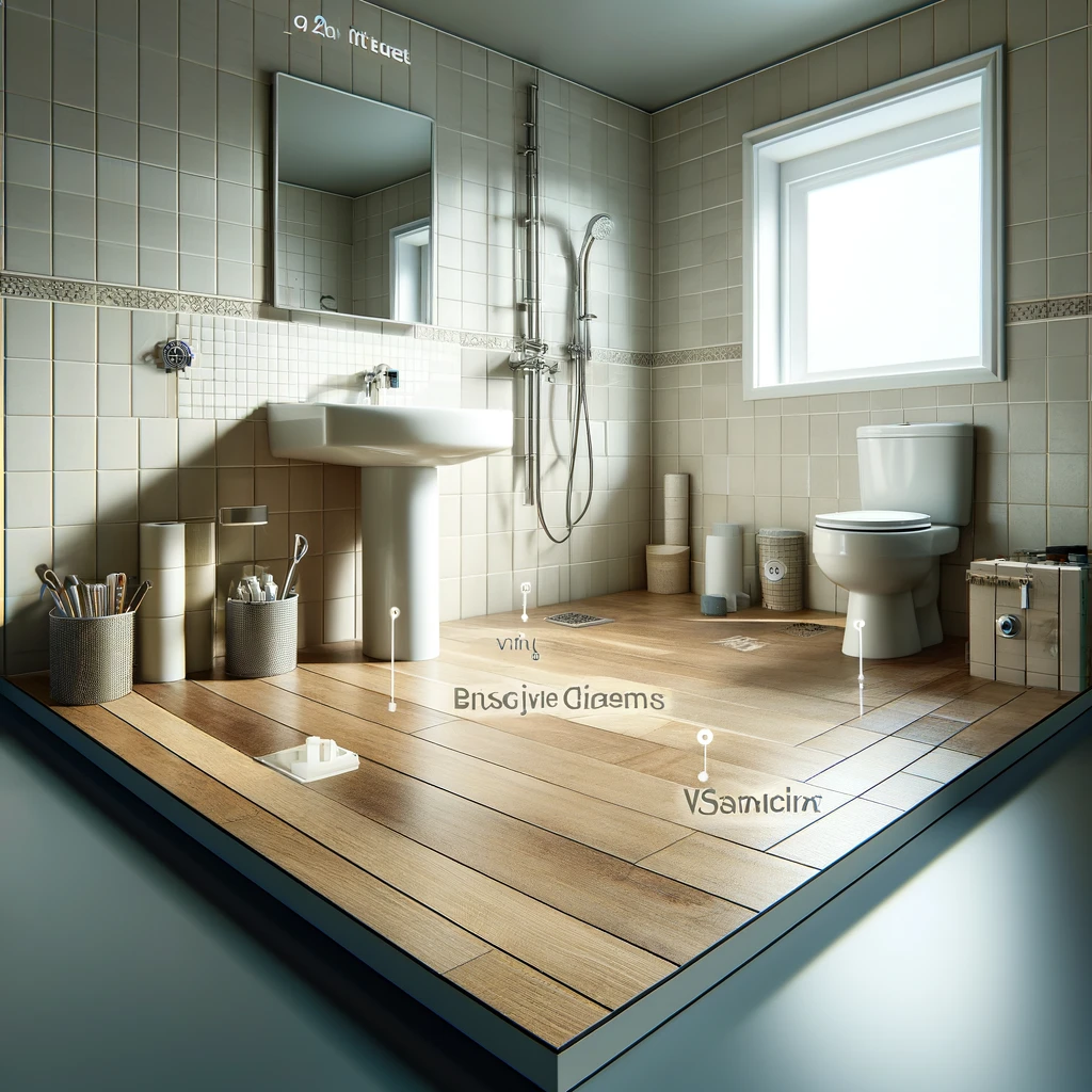 A bathroom featuring low-cost materials, including basic ceramic tiles and vinyl flooring, showcasing a modern and functional design without breaking the budget.