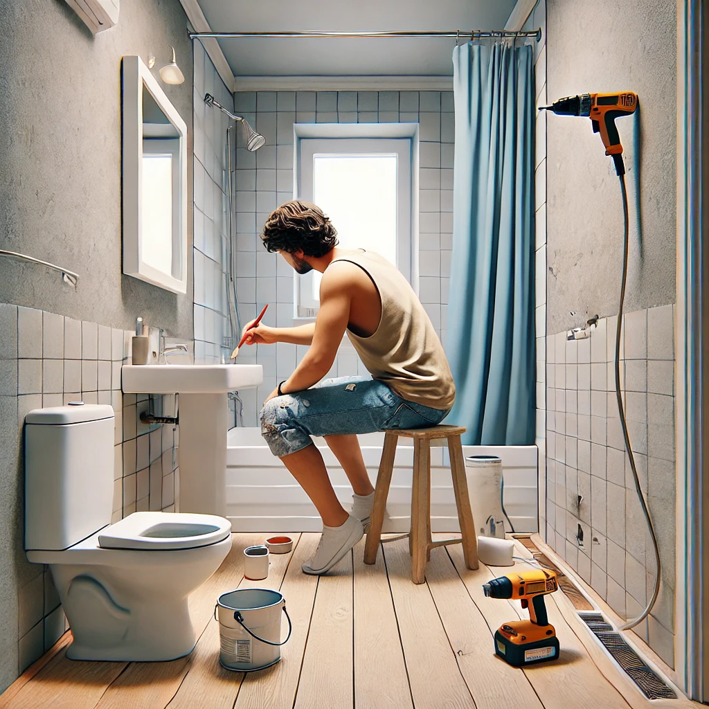 A homeowner painting and installing simple fixtures during a DIY bathroom renovation, using cost-effective materials like vinyl flooring and standard tiles.